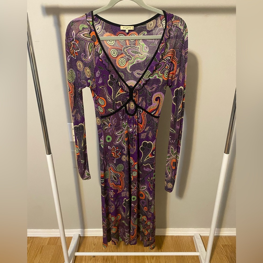 ETRO Milano Made in Italy Long Sleeve Paisley Dress in Swishy Soft Sheer Fabric